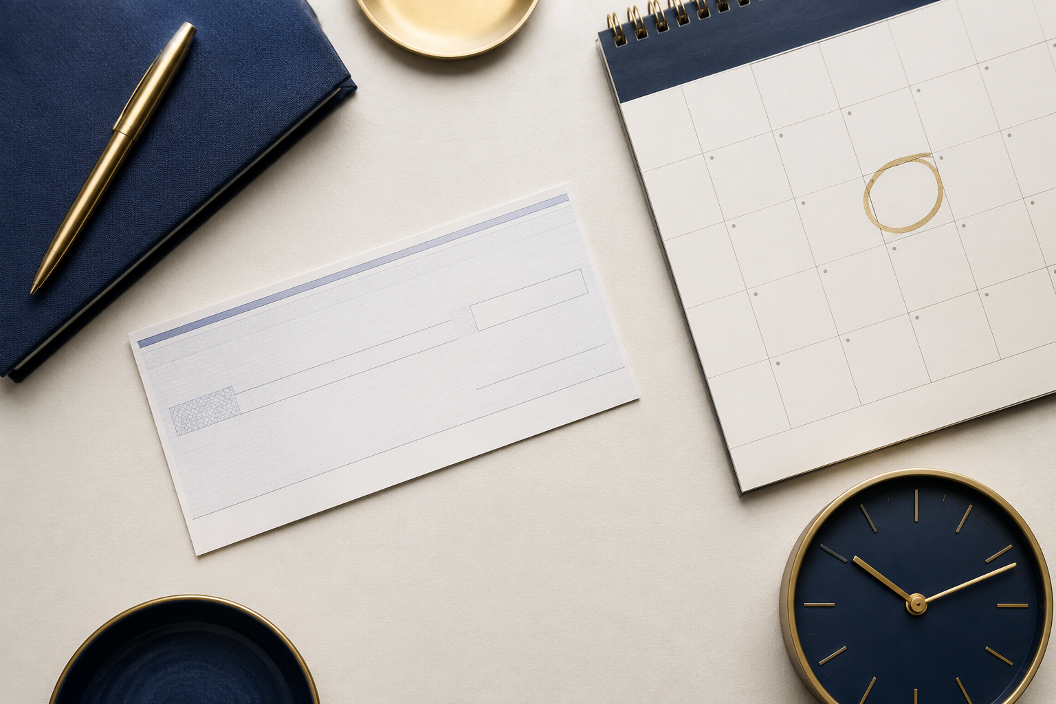 Desk flat-lay with a cheque, calendar with a date circled in gold, navy notebook, pen and clock